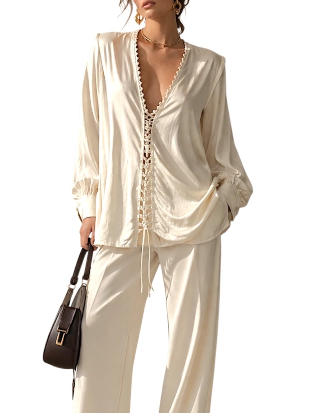 Silk blend cream lace up oversized statement shoudler quiet luxury blouse 8